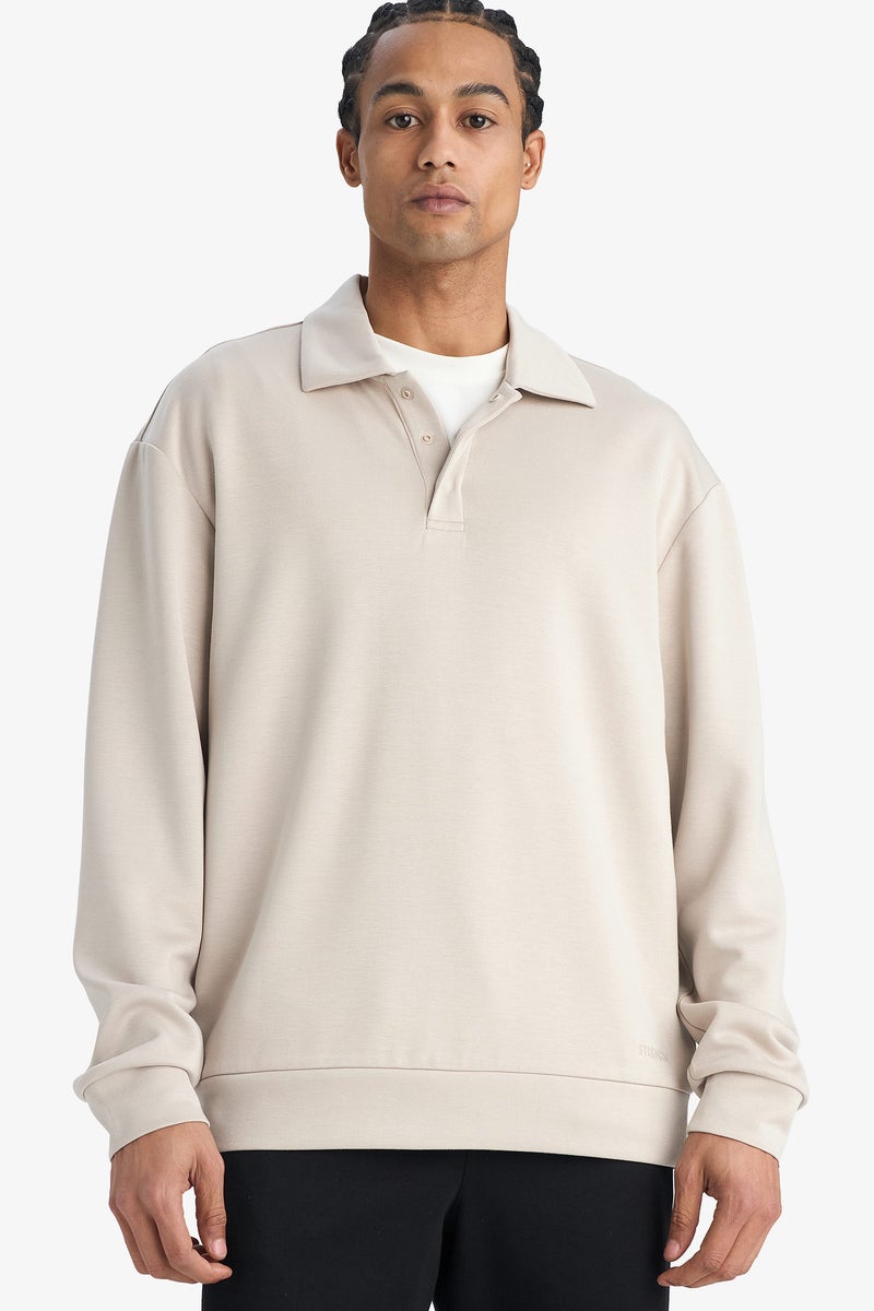 DeFacto Beige Man Standard Fit Stand Collar Modal Sports Sweatshirt Casual - Image 1